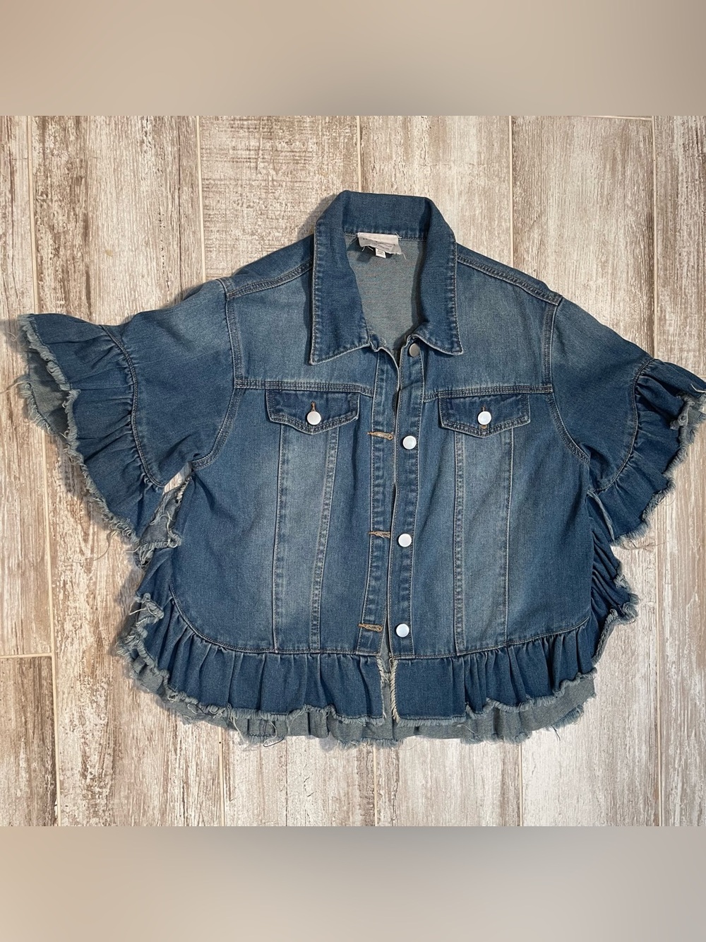Hayden Light Blue Denim Short Sleeved Ruffled Oversized Shirt Jacket